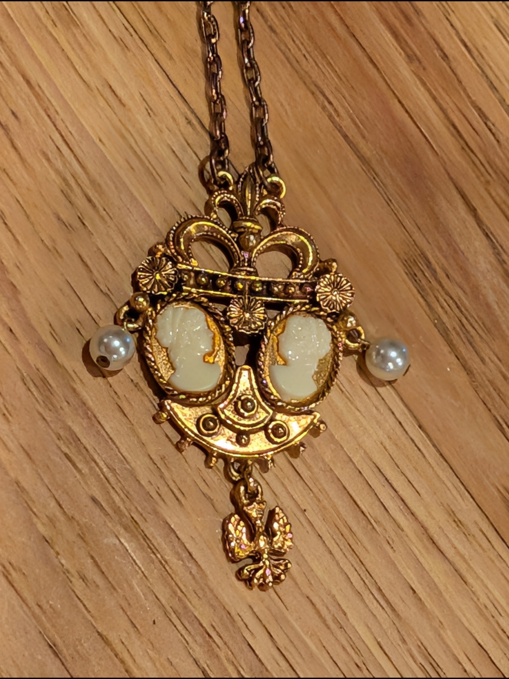 Source Unknown Gold-Tone Cameo Pendant Necklace with Ivory and Pearl Accents